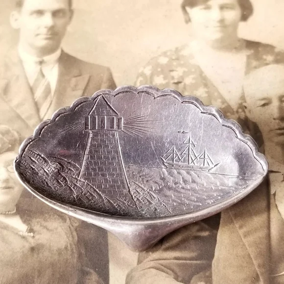 Antique brooch Victorian lighthouse and ship Sterling Silver seashell mermaid - Picture 2 of 16